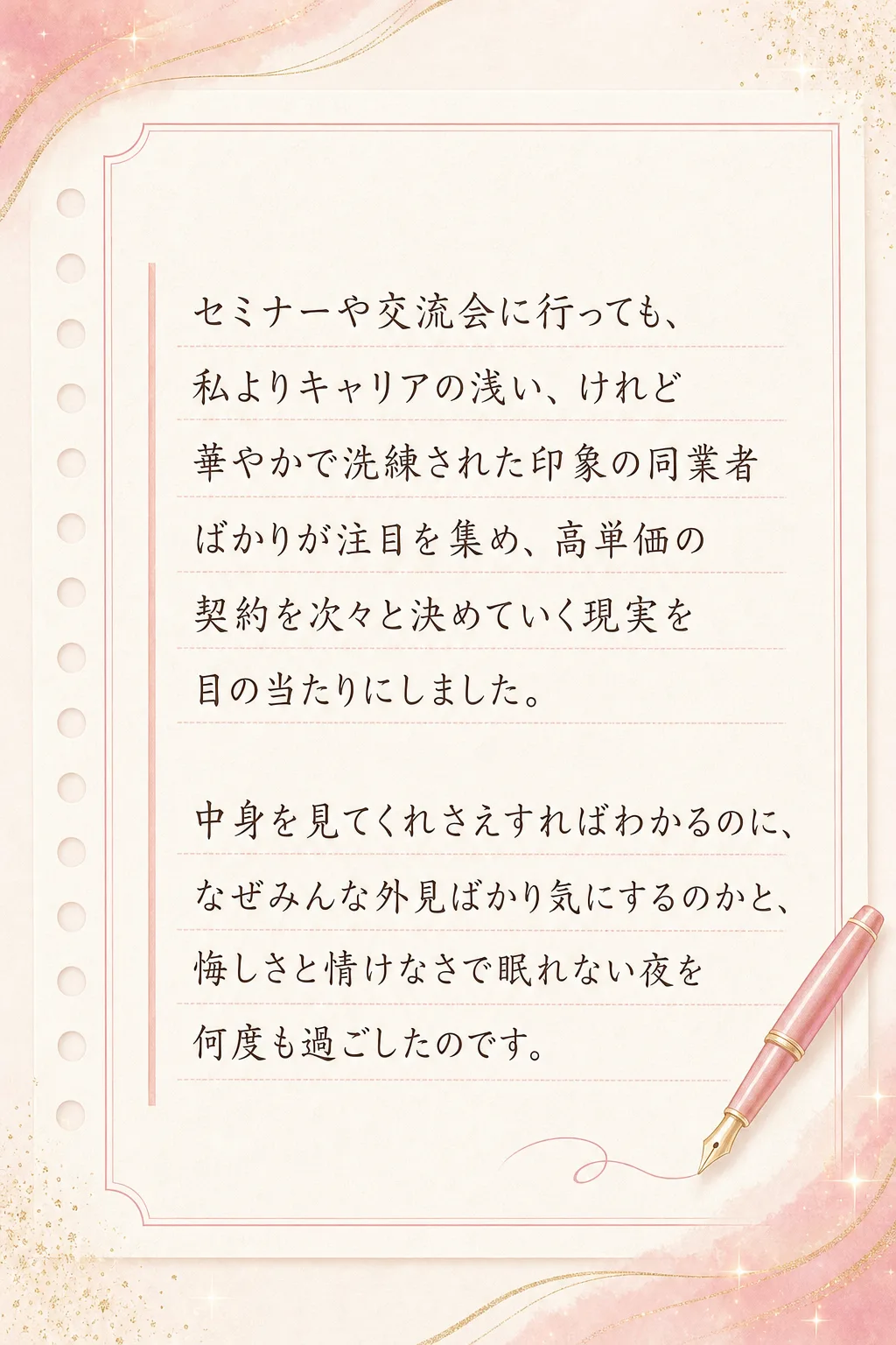 実は私も、かつては自分の見せ方に悩み、 本来の価値を伝えきれないひとりでした 女性起業家として活動する中で、 誰よりも学（全文は画像内に記載）